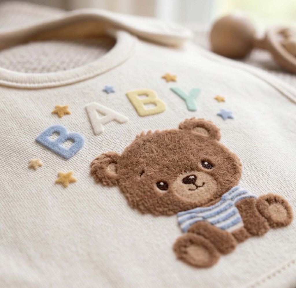 Cotton kids bib with soft flock cartoon motif