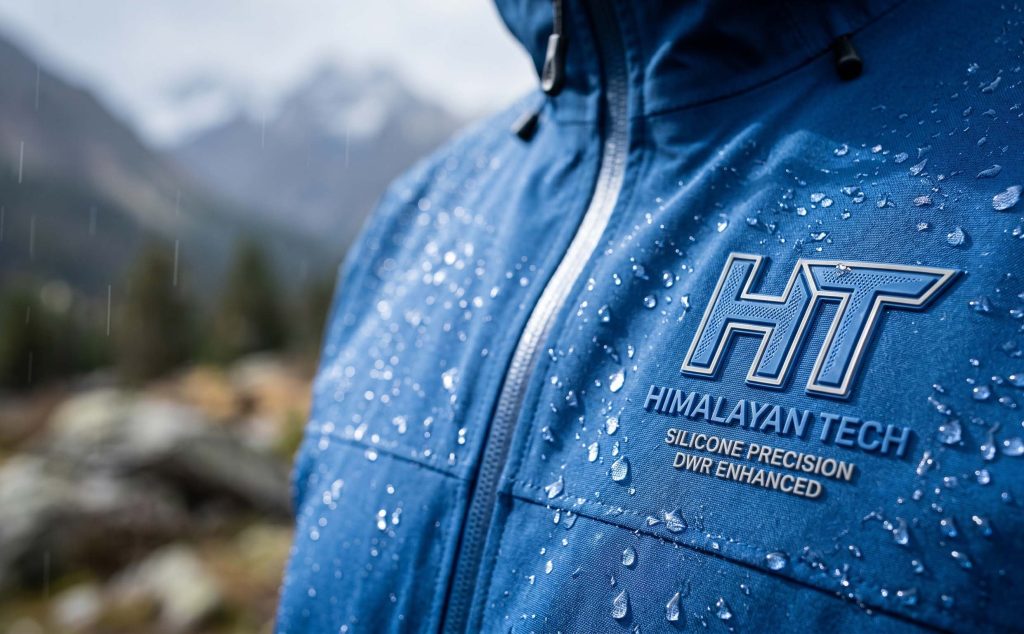 Outdoor shell jacket with silicone brand mark on DWR fabric