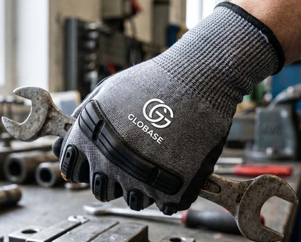 Work glove with silicone brand mark on the back of the hand