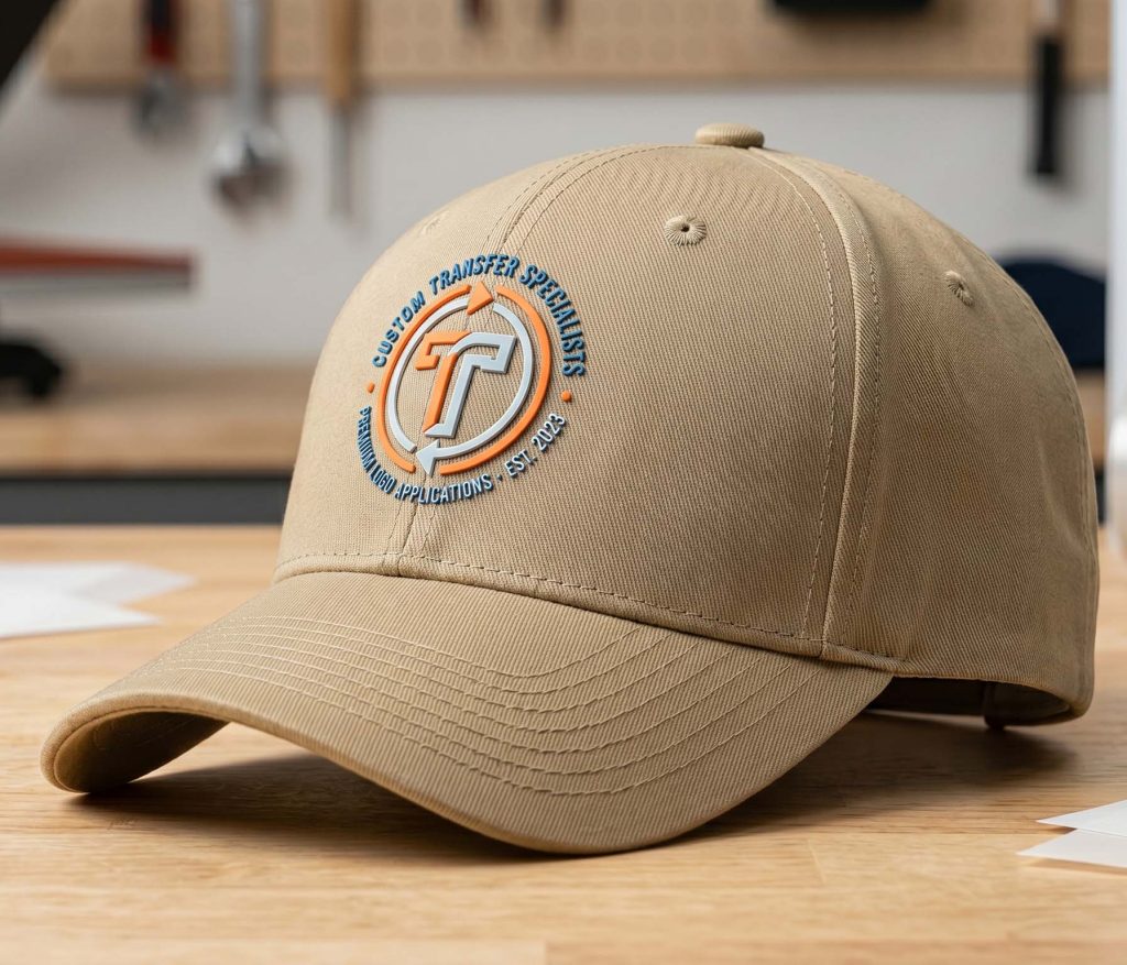 Curved cap front with silicone heat transfer logo