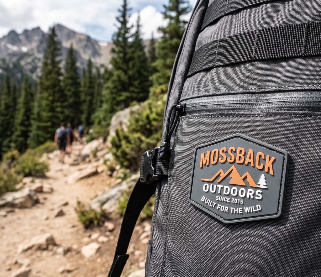 Outdoor backpack with silicone brand badge on Cordura panel