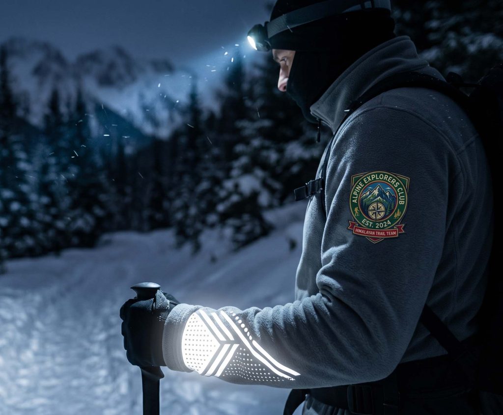 Outdoor jacket sleeve with reflective heat transfer trim