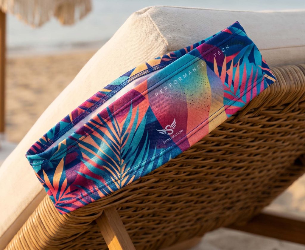 Beach towel with silicone transfer brand mark on terry loop