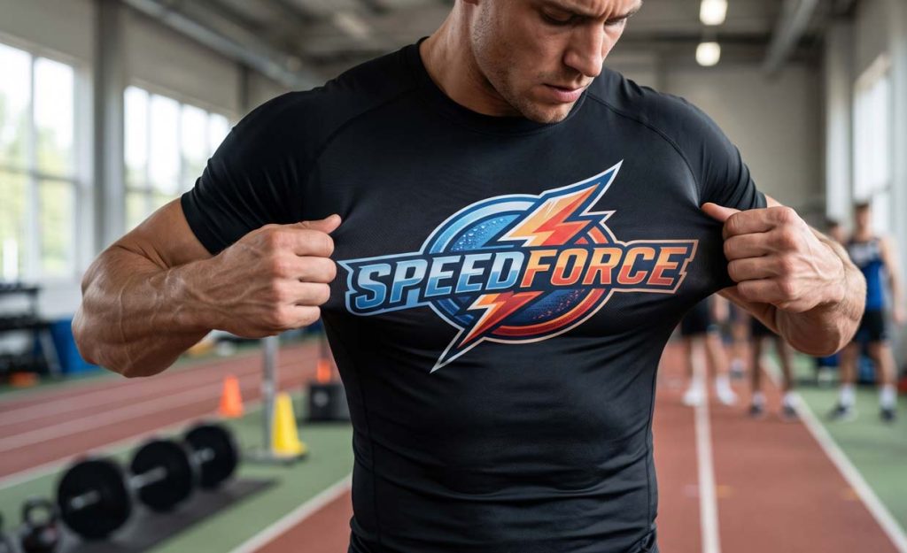 Stretch performance jersey with silicone heat transfer brand mark